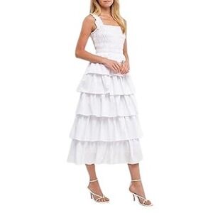 English Factory‎ White Tiered Midi Dress Sleeveless Smocked Summer Dress Size S